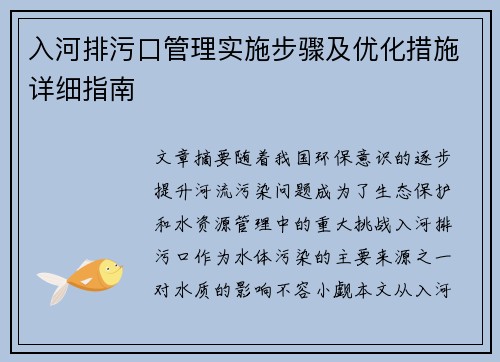 入河排污口管理实施步骤及优化措施详细指南 入河排污口管理实施步骤及优化措施详细指南