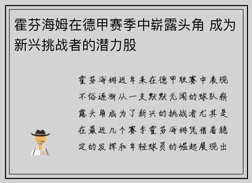 霍芬海姆在德甲赛季中崭露头角 成为新兴挑战者的潜力股