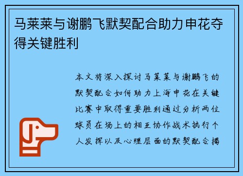 马莱莱与谢鹏飞默契配合助力申花夺得关键胜利